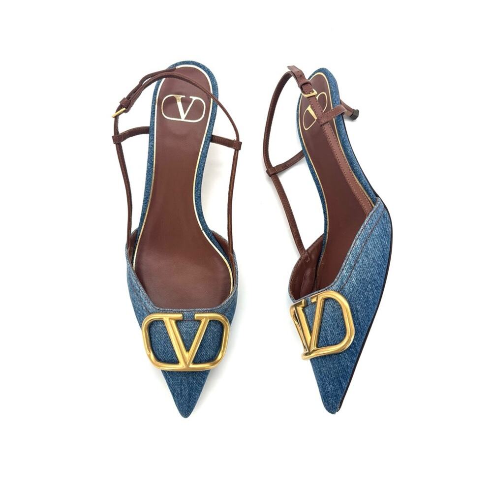Valentino Garavani VLogo Blue Denim Pointed Toe Slingback Kitten Heel Pumps 37.5 - Picture 2 of 10